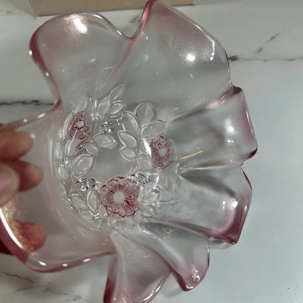 Vintage Mikasa Walther Rosella Ruffle Edge Flower Bowl Pink Clear Glass Dish 11